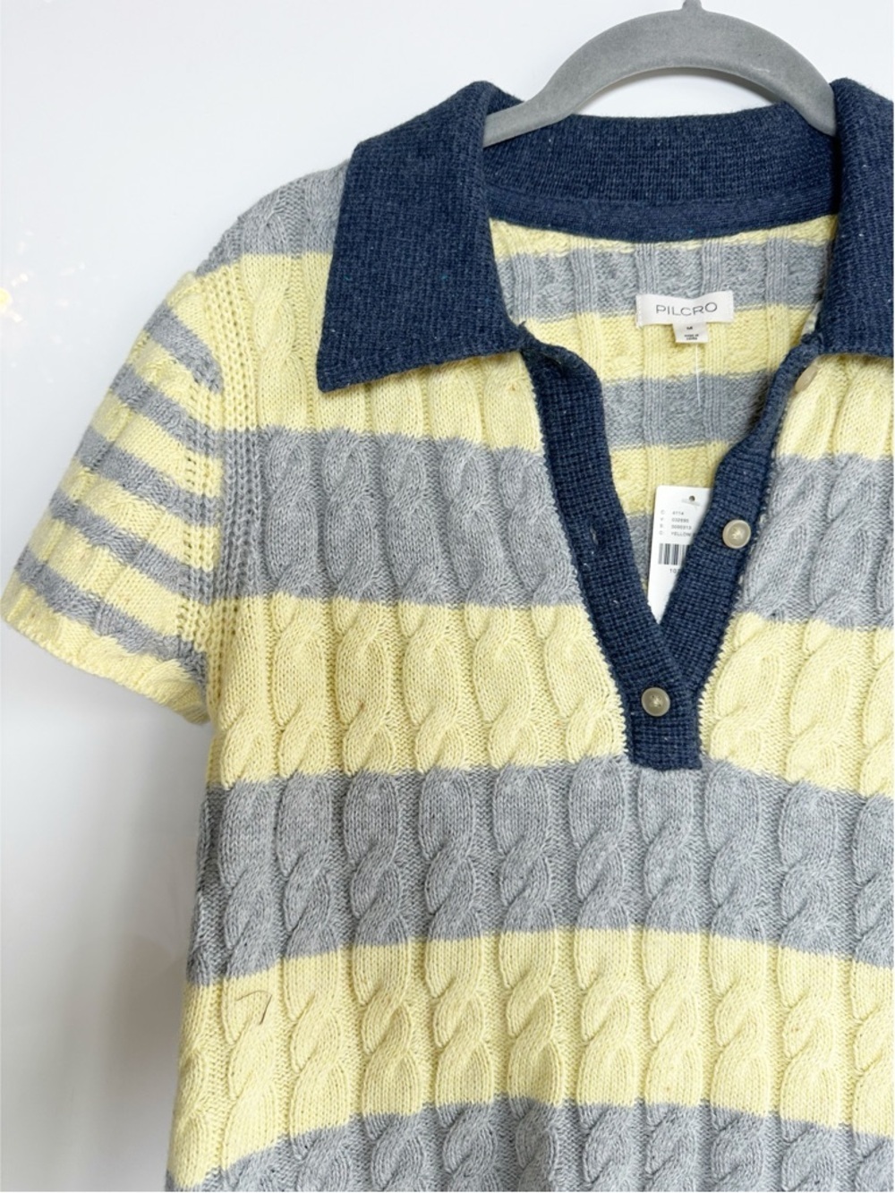 Pilcro Cable Knit Polo Sweater 90’s Inspired Gray Yellow Medium Cotton Wool - Picture 6 of 13